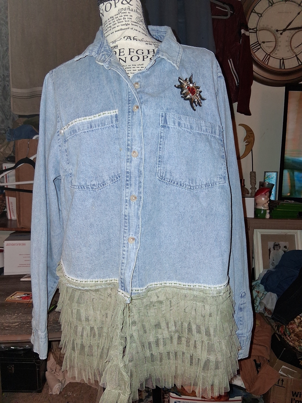 Light Wash Denim Shirt with Olive Fringe Hem